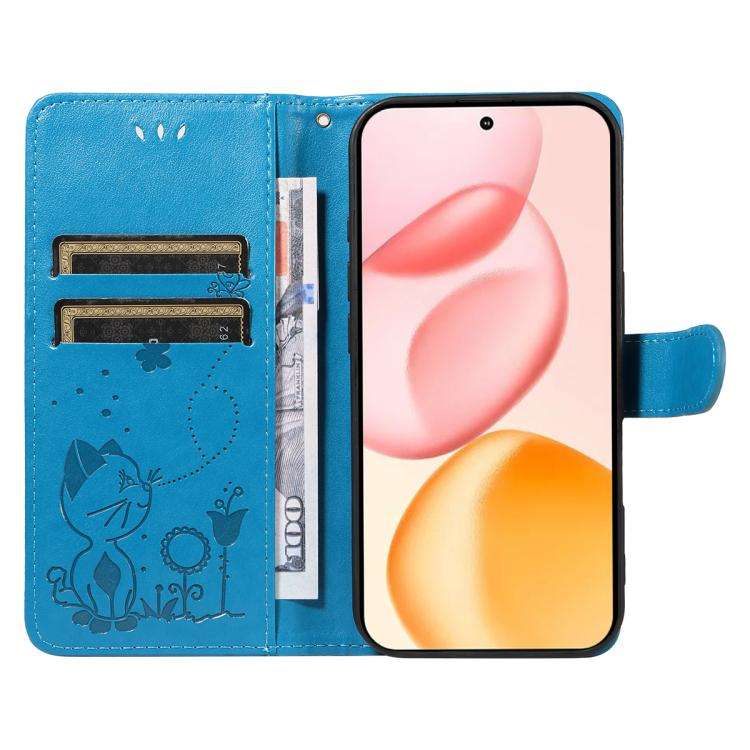 For Honor 400 Global 156.5mm Cat and Bee Embossed Flip Leather Phone Case(Blue)