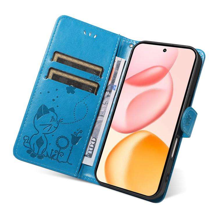 For Honor 400 Global 156.5mm Cat and Bee Embossed Flip Leather Phone Case(Blue)