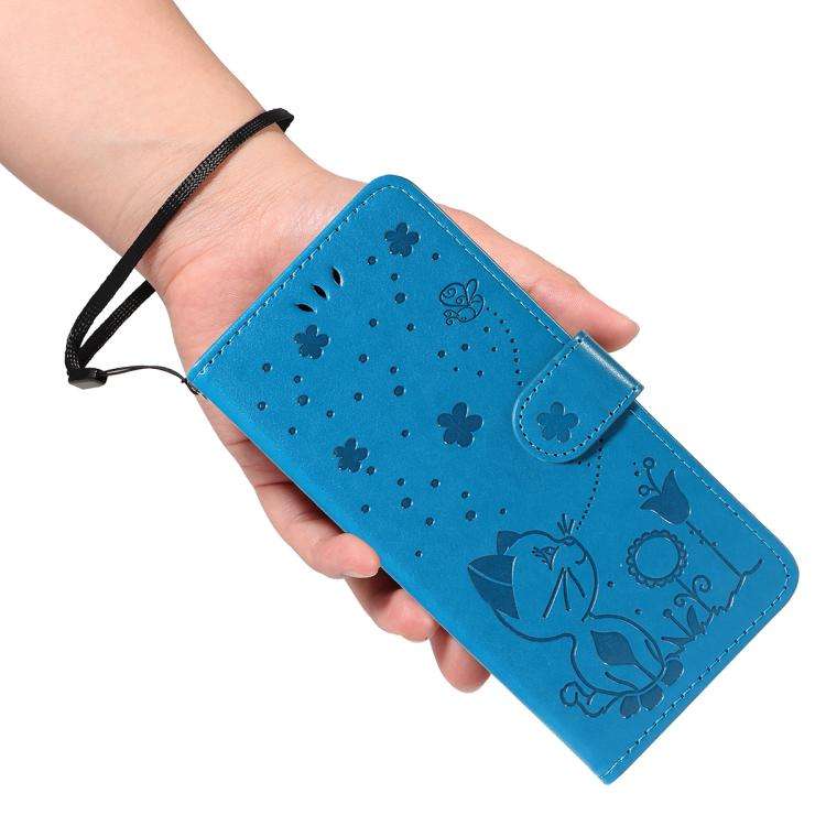 For Honor 400 Global 156.5mm Cat and Bee Embossed Flip Leather Phone Case(Blue)