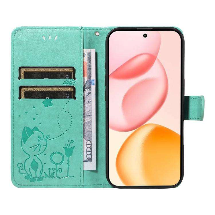 For Honor 400 Global 156.5mm Cat and Bee Embossed Flip Leather Phone Case(Green)