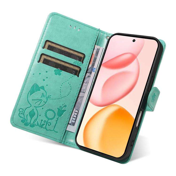 For Honor 400 Global 156.5mm Cat and Bee Embossed Flip Leather Phone Case(Green)