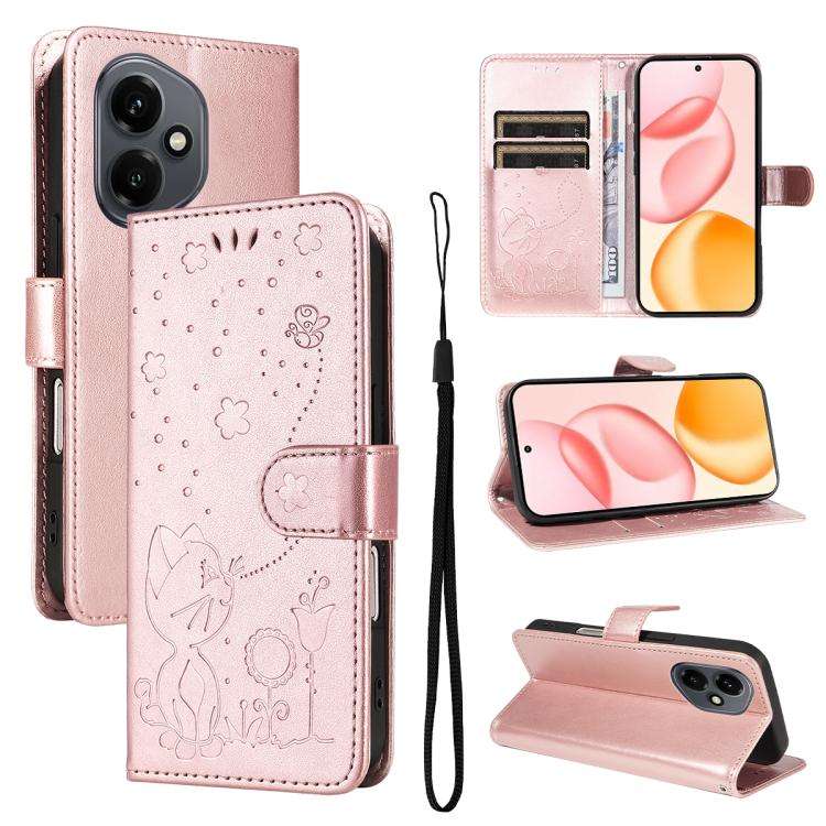 For Honor 400 Global 156.5mm Cat and Bee Embossed Flip Leather Phone Case(Rose Gold)