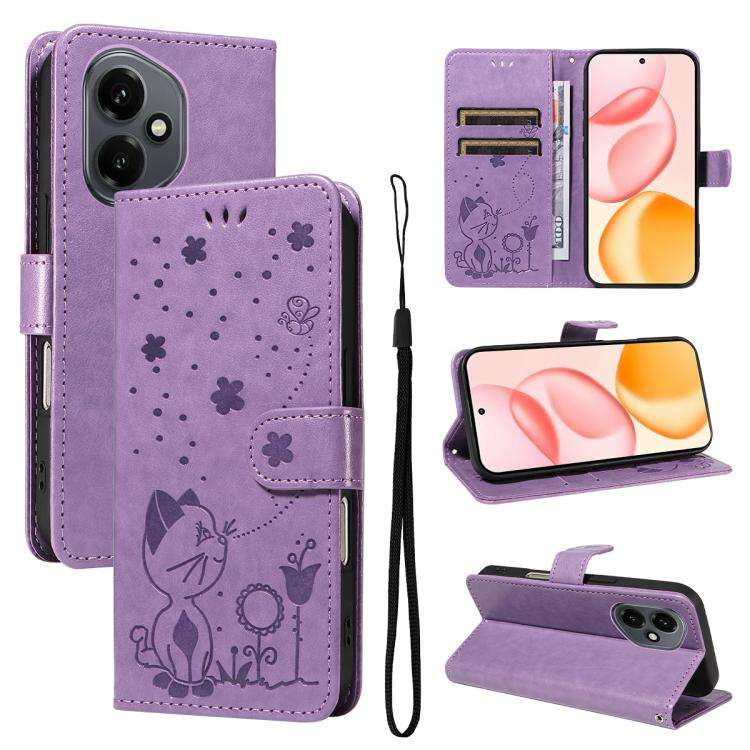For Honor 400 Global 156.5mm Cat and Bee Embossed Flip Leather Phone Case(Purple)