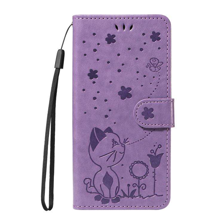 For Honor 400 Global 156.5mm Cat and Bee Embossed Flip Leather Phone Case(Purple)