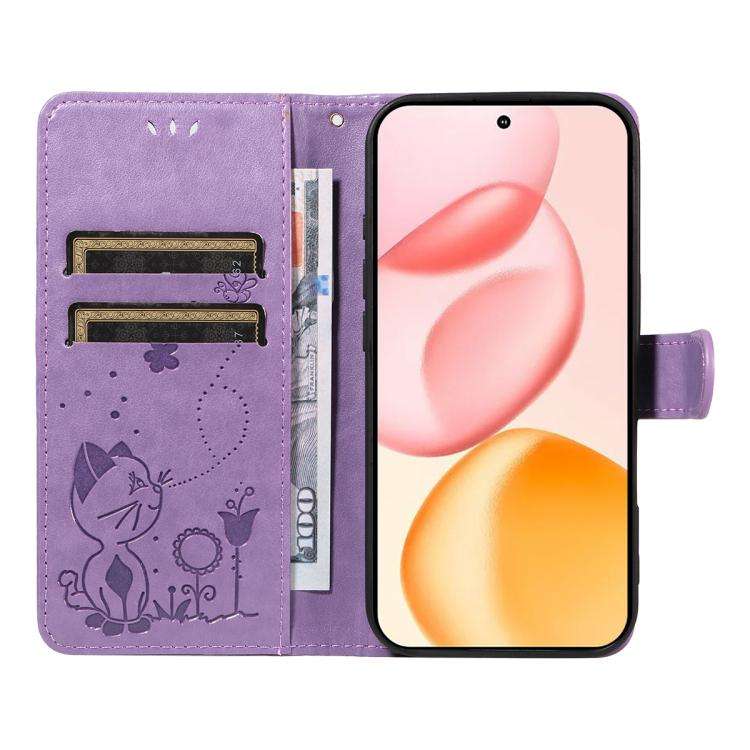 For Honor 400 Global 156.5mm Cat and Bee Embossed Flip Leather Phone Case(Purple)