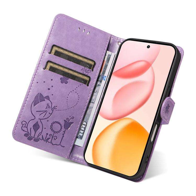 For Honor 400 Global 156.5mm Cat and Bee Embossed Flip Leather Phone Case(Purple)