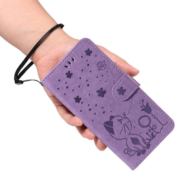 For Honor 400 Global 156.5mm Cat and Bee Embossed Flip Leather Phone Case(Purple)