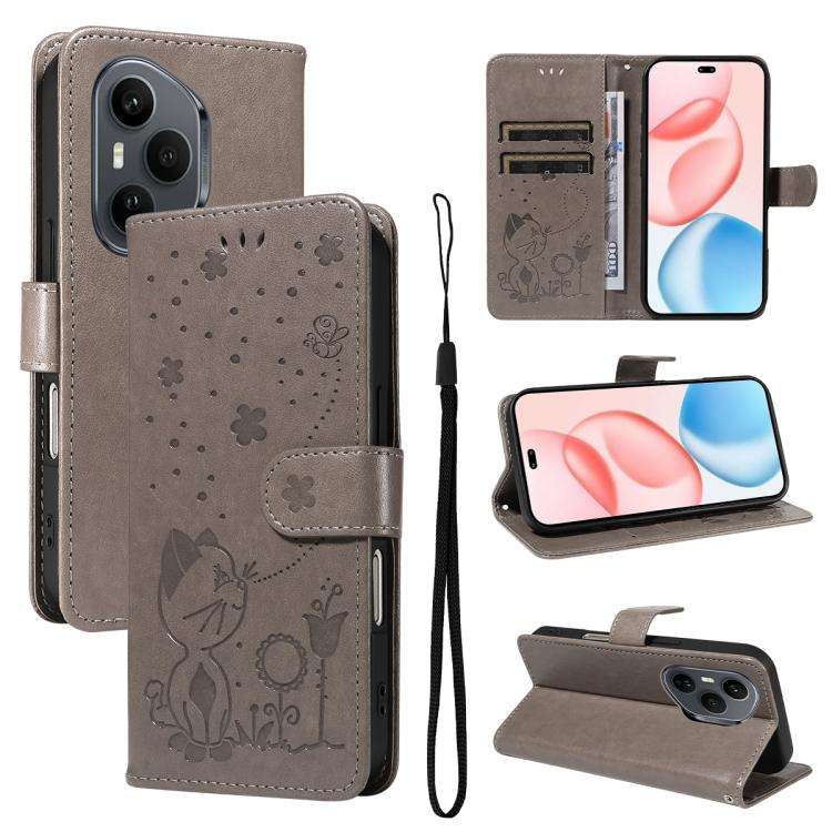 For Honor 400 Pro Global 160.8mm Cat and Bee Embossed Flip Leather Phone Case(Grey)