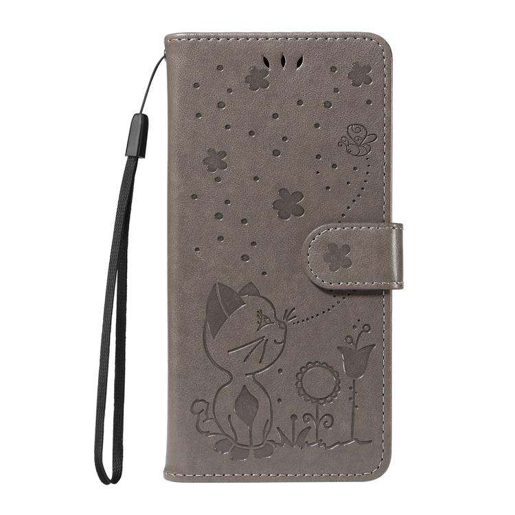 For Honor 400 Pro Global 160.8mm Cat and Bee Embossed Flip Leather Phone Case(Grey)