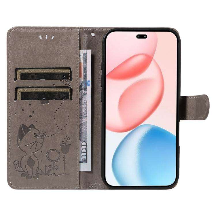 For Honor 400 Pro Global 160.8mm Cat and Bee Embossed Flip Leather Phone Case(Grey)