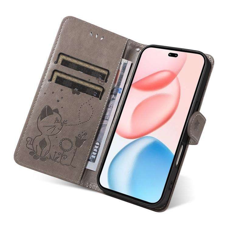 For Honor 400 Pro Global 160.8mm Cat and Bee Embossed Flip Leather Phone Case(Grey)