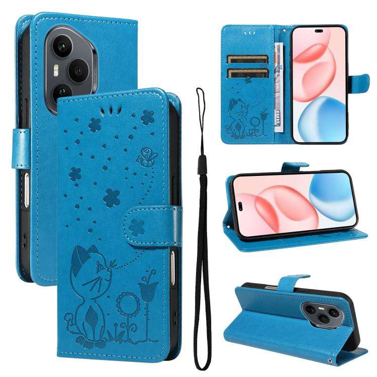For Honor 400 Pro Global 160.8mm Cat and Bee Embossed Flip Leather Phone Case(Blue)