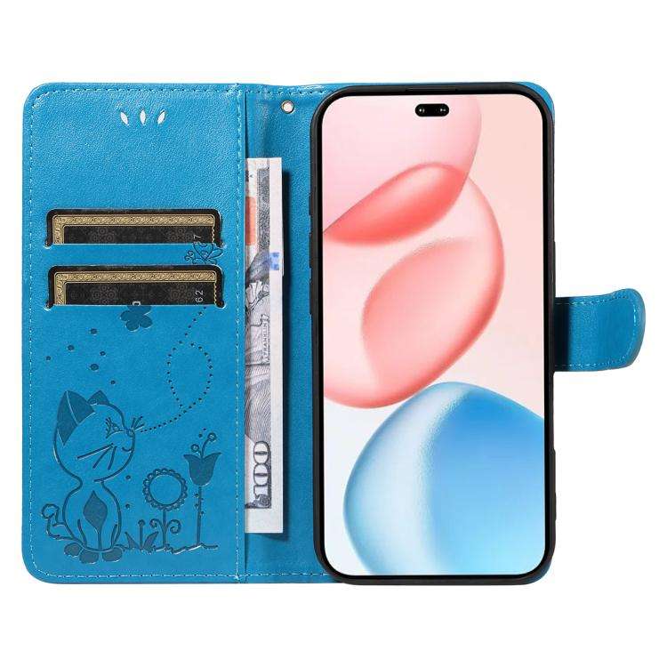 For Honor 400 Pro Global 160.8mm Cat and Bee Embossed Flip Leather Phone Case(Blue)