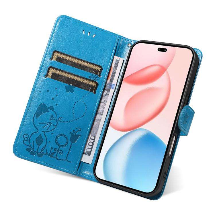 For Honor 400 Pro Global 160.8mm Cat and Bee Embossed Flip Leather Phone Case(Blue)