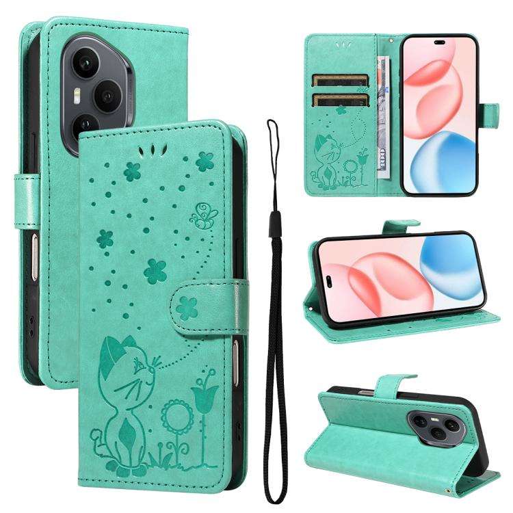 For Honor 400 Pro Global 160.8mm Cat and Bee Embossed Flip Leather Phone Case(Green)