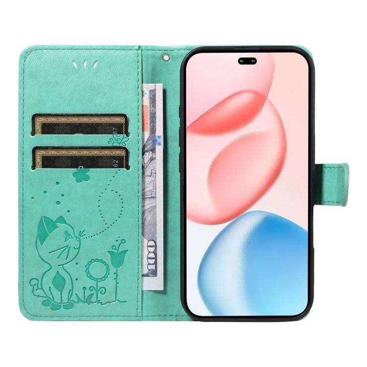 For Honor 400 Pro Global 160.8mm Cat and Bee Embossed Flip Leather Phone Case(Green)