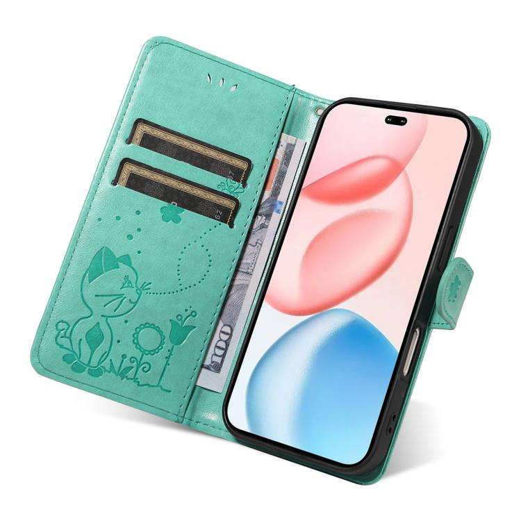For Honor 400 Pro Global 160.8mm Cat and Bee Embossed Flip Leather Phone Case(Green)