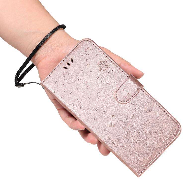 For Honor 400 Pro Global 160.8mm Cat and Bee Embossed Flip Leather Phone Case(Rose Gold)