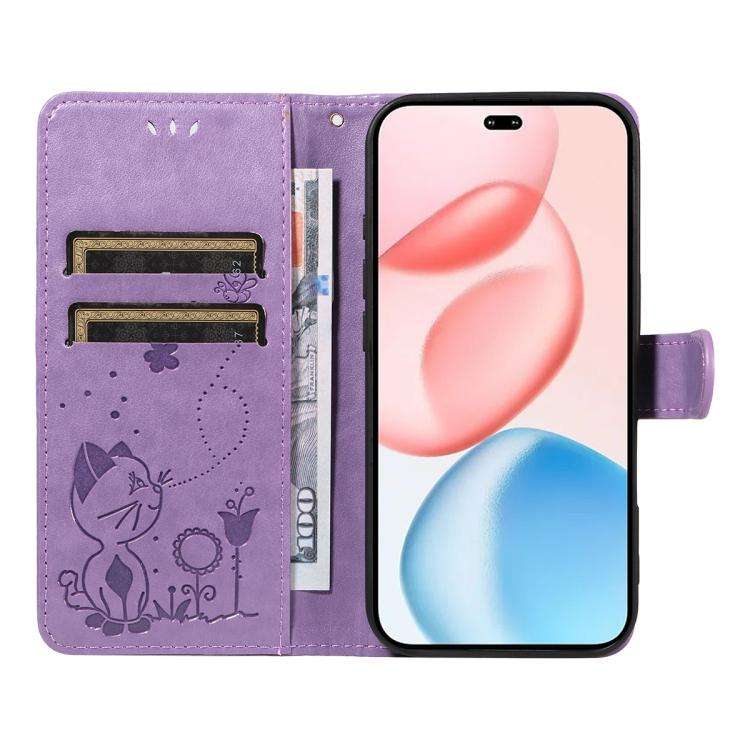For Honor 400 Pro Global 160.8mm Cat and Bee Embossed Flip Leather Phone Case(Purple)