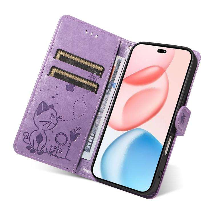 For Honor 400 Pro Global 160.8mm Cat and Bee Embossed Flip Leather Phone Case(Purple)