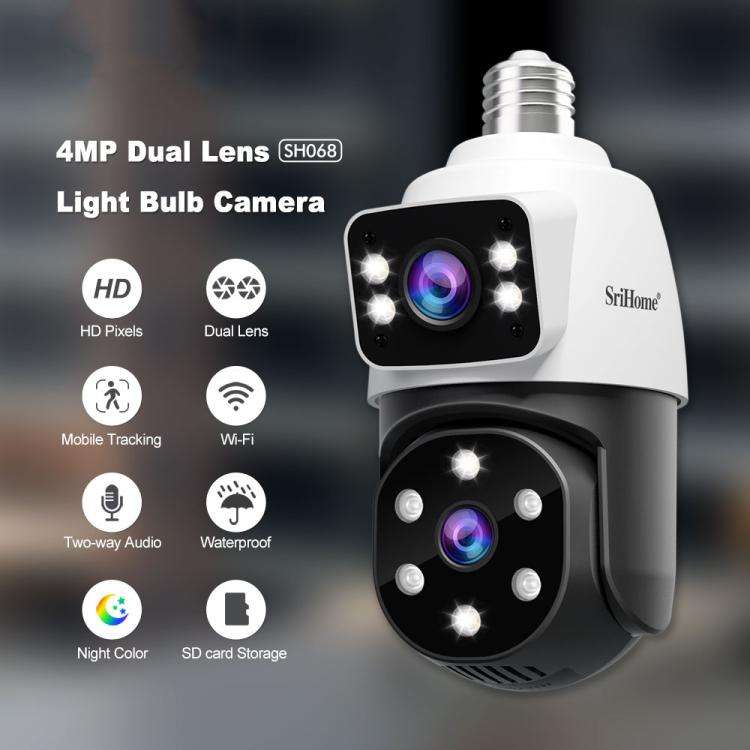 SriHome SH068 E27 4MP HD Dual Lens Light Bulb Camera Outdoor IP66 Waterproof(White)