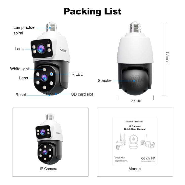 SriHome SH068 E27 4MP HD Dual Lens Light Bulb Camera Outdoor IP66 Waterproof(White)