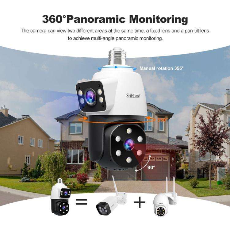SriHome SH068 E27 4MP HD Dual Lens Light Bulb Camera Outdoor IP66 Waterproof(White)