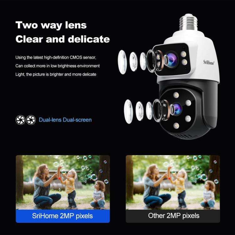 SriHome SH068 E27 4MP HD Dual Lens Light Bulb Camera Outdoor IP66 Waterproof(White)