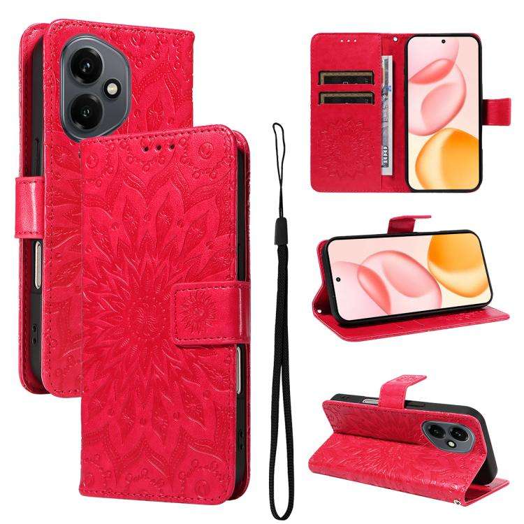 For Honor 400 Global 156.5mm Embossed Sunflower Pattern Flip Leather Phone Case(Red)