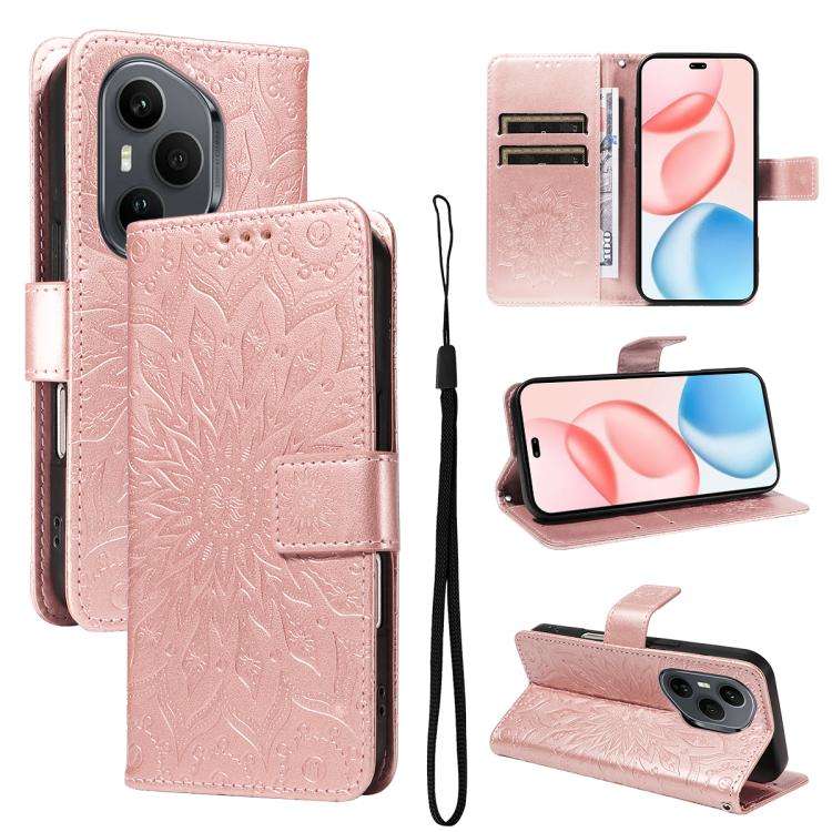 For Honor 400 Pro Global 160.8mm Embossed Sunflower Pattern Flip Leather Phone Case(Rose Gold)