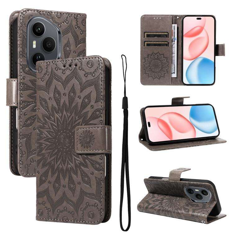 For Honor 400 Pro Global 160.8mm Embossed Sunflower Pattern Flip Leather Phone Case(Grey)