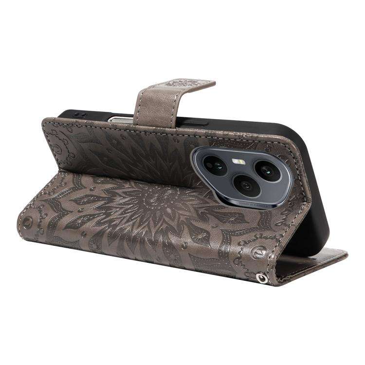 For Honor 400 Pro Global 160.8mm Embossed Sunflower Pattern Flip Leather Phone Case(Grey)