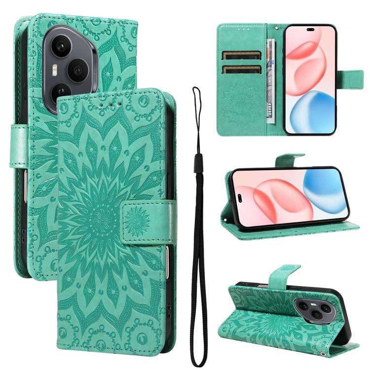 For Honor 400 Pro Global 160.8mm Embossed Sunflower Pattern Flip Leather Phone Case(Green)