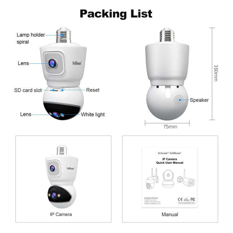 SriHome SH067 E27 4MP HD Dual Lens Light Bulb Camera for Indoor(White)