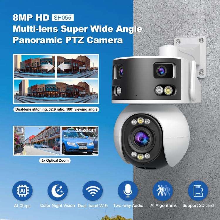 SriHome SH055 8MP HD Multi-lens 5X Optical Zoom Lens Panoramic PTZ Dome Camera(US Plug)