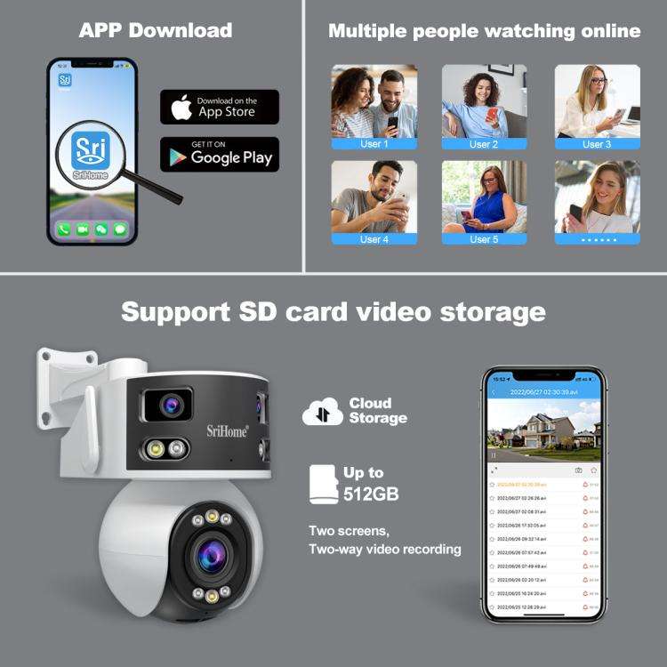 SriHome SH055B 8MP HD Multi-lens Super Wide Angle Panoramic PTZ Dome Camera(AU Plug)