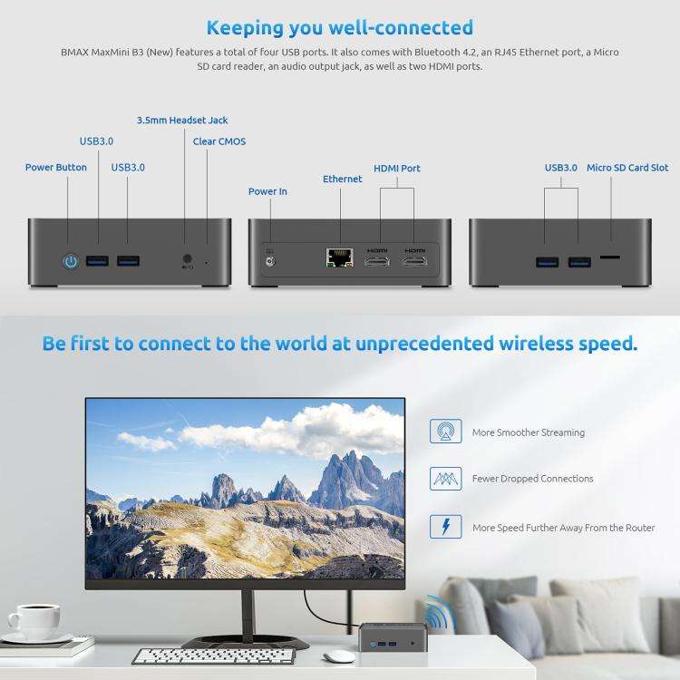 BMAX B3 2025 Windows 11 Mini PC, 8GB+256GB, Intel Jasper Lake N5095, Support 2 Monitors Output(EU...