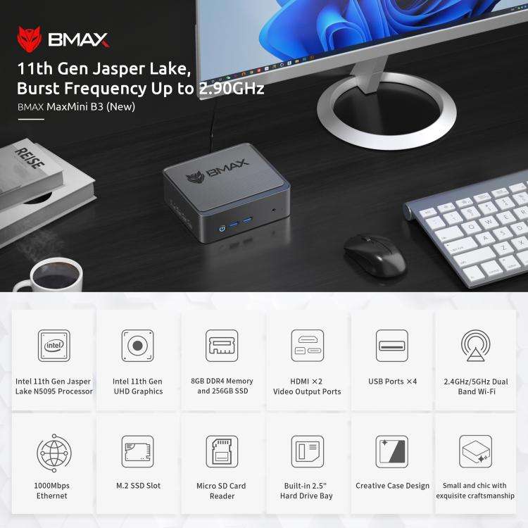 BMAX B3 2025 Windows 11 Mini PC, 8GB+256GB, Intel Jasper Lake N5095, Support 2 Monitors Output(EU...