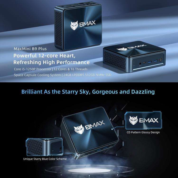 BMAX B9 Plus Windows 11 Mini PC, 24GB+512GB, Intel Core i5-1250P, Support 3 Monitors Output(EU Plug)