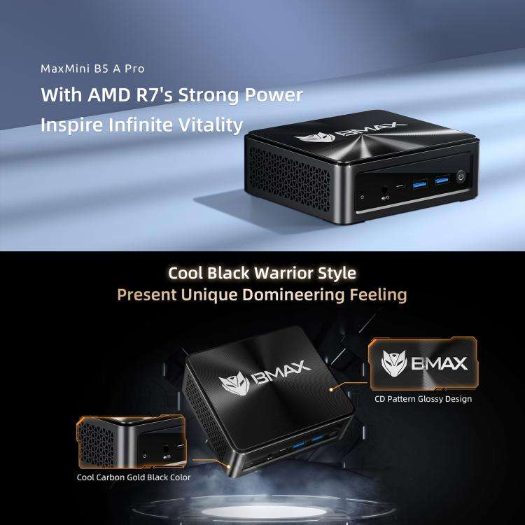 BMAX B5A Pro Windows 11 Mini PC, 16GB+512GB, AMD Ryzen 7 CPU, Support 3 Monitors Output(US Plug)