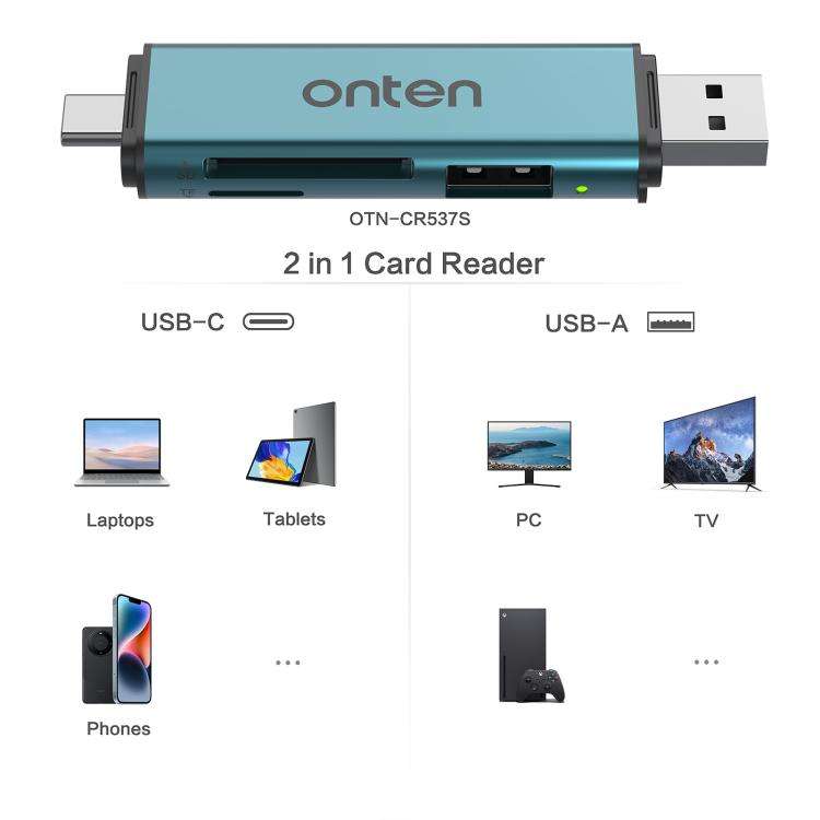 Onten OTN-CR537S 5 in 1 Type-C to USB with Micro SD/TF Card Reader(Pine Green)