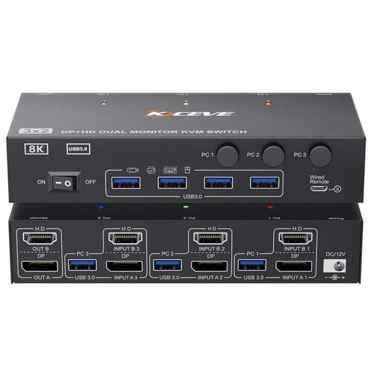 KCEVE KC-KVM302DH 8K 60Hz HDMI and DP and USB3.0 Dual Monitor KVM Switch, US Plug