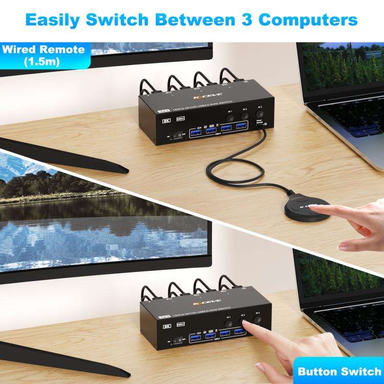 KCEVE KC-KVM302DH 8K 60Hz HDMI and DP and USB3.0 Dual Monitor KVM Switch, US Plug