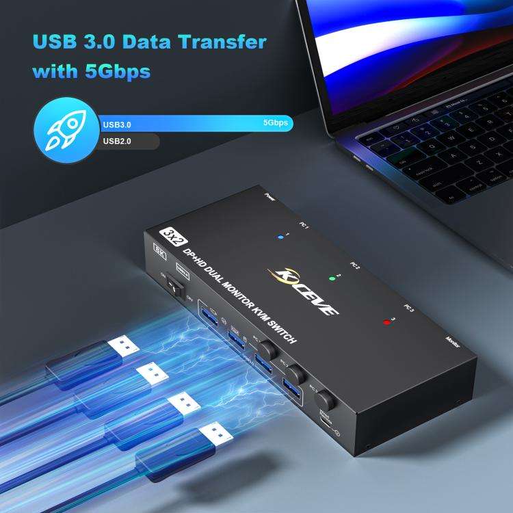 KCEVE KC-KVM302DH 8K 60Hz HDMI and DP and USB3.0 Dual Monitor KVM Switch, UK Plug