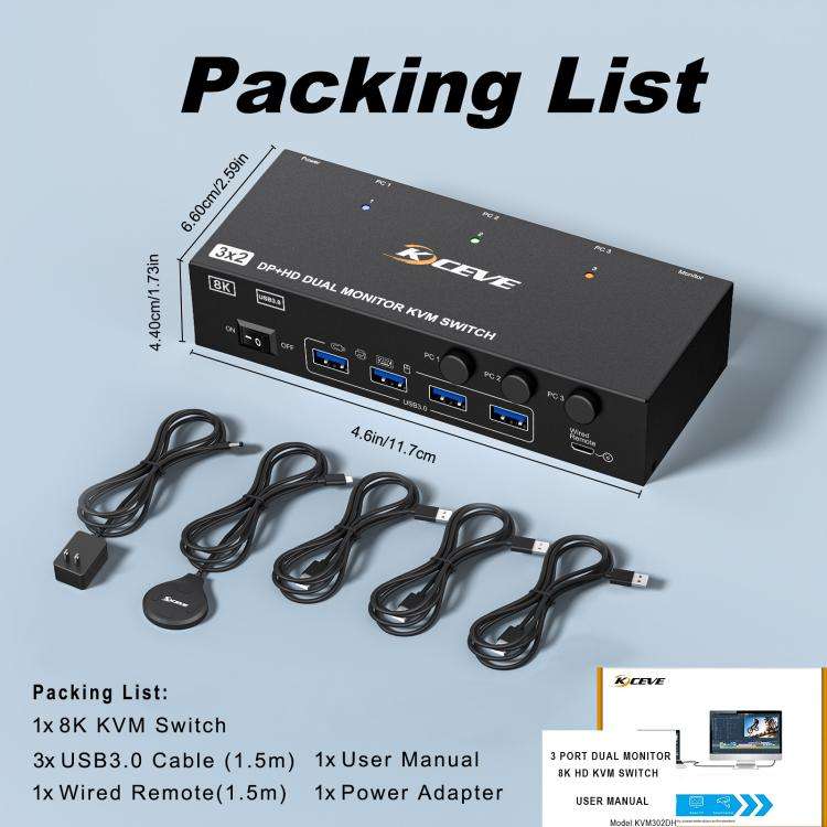KCEVE KC-KVM302DH 8K 60Hz HDMI and DP and USB3.0 Dual Monitor KVM Switch, UK Plug