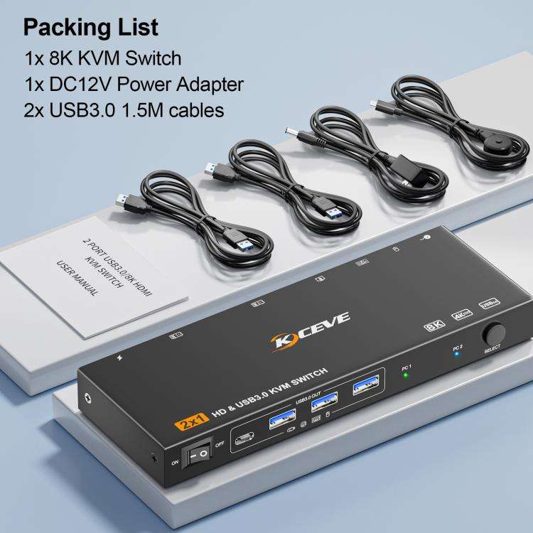 KCEVE KC-KVM9201 8K 60Hz HDMI and USB3.0 Monitor KVM Switch, EU Plug