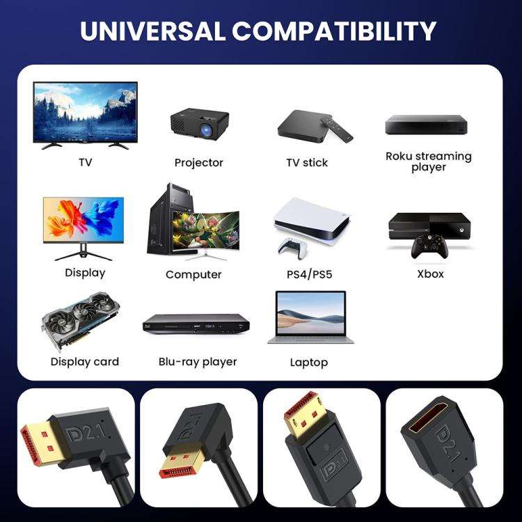 DP2.1 Male to DP2.1 Female Left Elbow 52Gbps 16K 30Hz DisplayPort Extension Adapter Cable, Length...