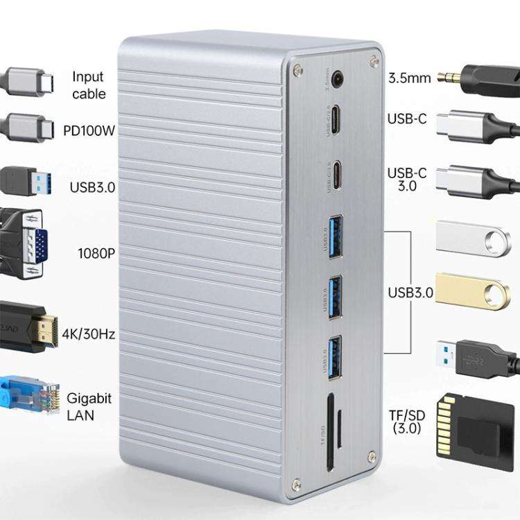 BYL2428 13 in 1 USB-C / Type-C HUB Adapter Docking Station Support 4K PD100W(Grey)
