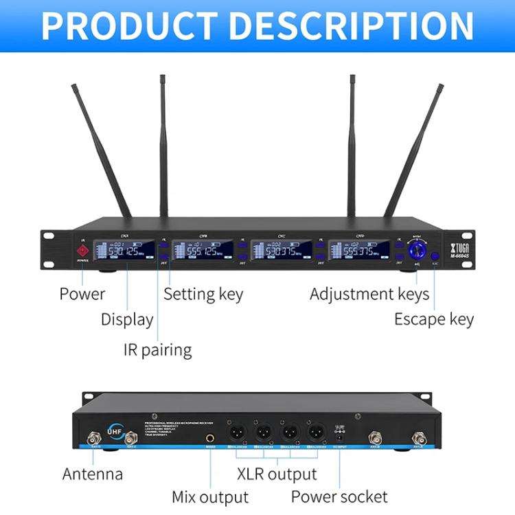 XTUGA M6604S-H Diversity Wireless Microphone System 4 Channel UHF Handheld Microphone