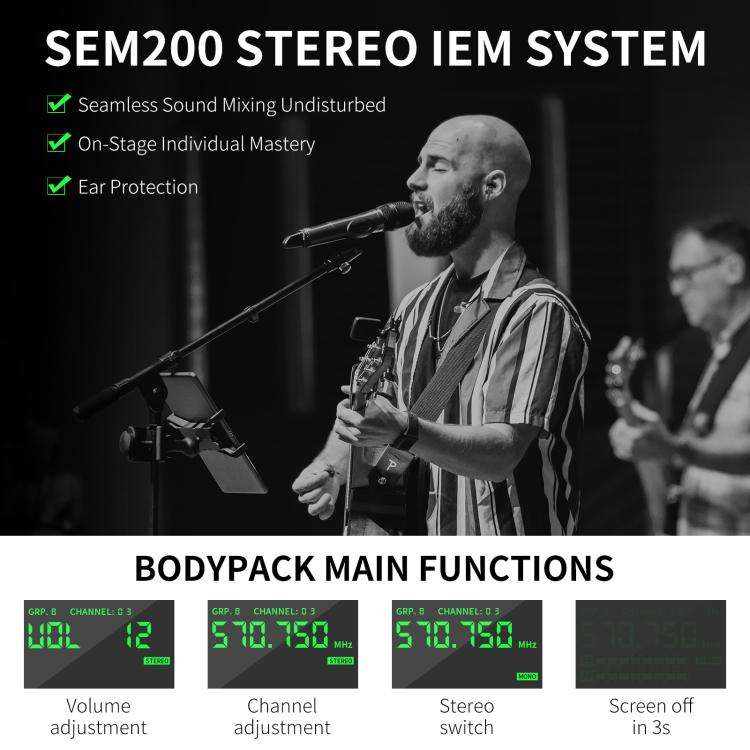 XTUGA SEM200 Wireless Stereo Stage Performance Professional In-ear Monitor System One BodyPack